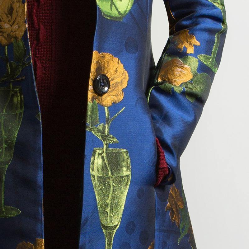 autumn winter cotton blended long coats blue floral thick large hem maxi trench coat - Omychic