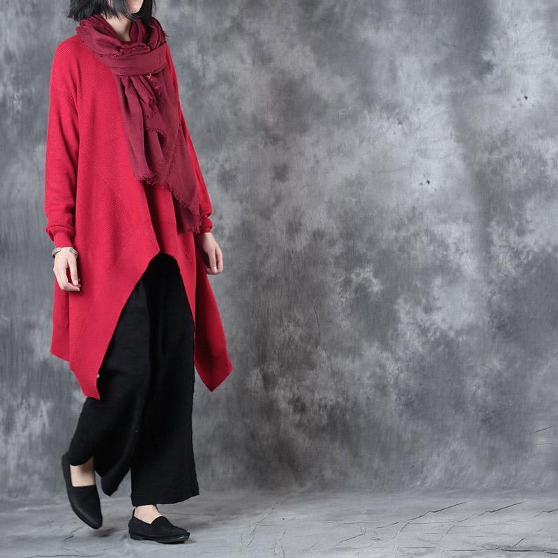 autumn winter new red mid long knit dresses plus size casual long sleeve sweater dresses - Omychic