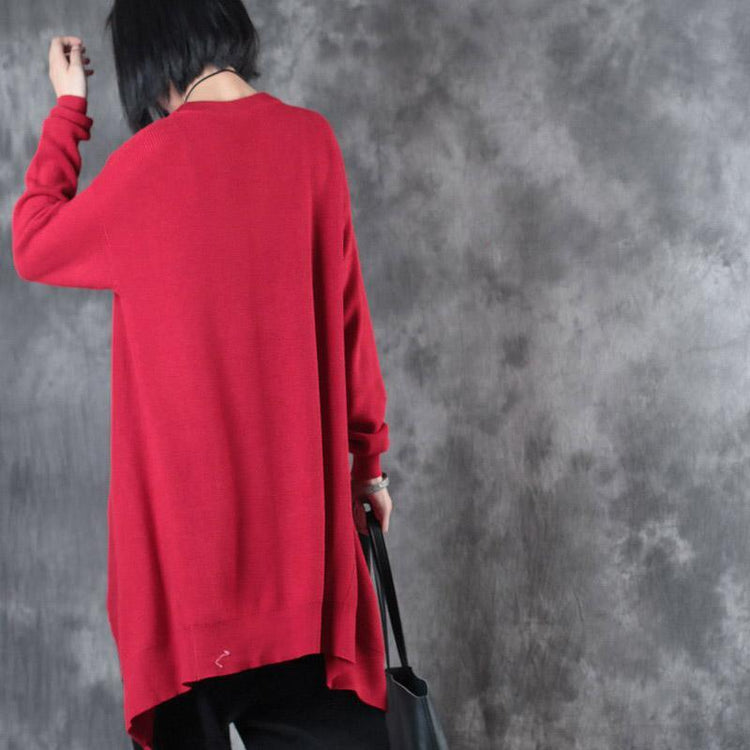 autumn winter new red mid long knit dresses plus size casual long sleeve sweater dresses - Omychic
