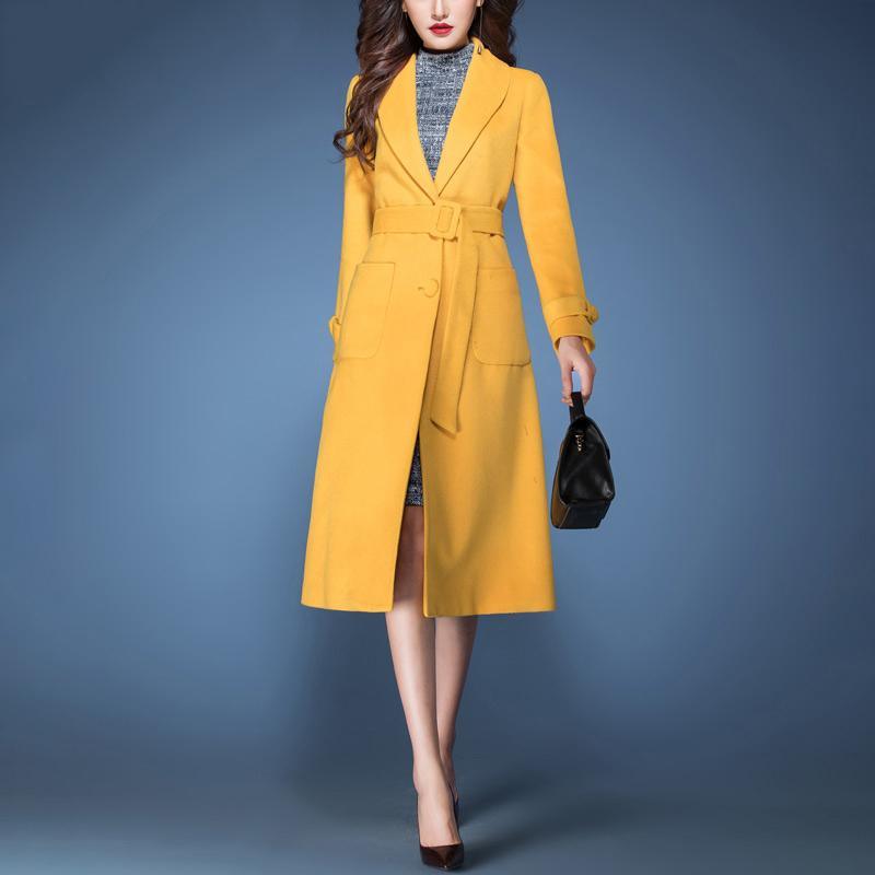 autumn winter new yellow tie waist corduroy blended coats slim fit fashion a line trench coat - Omychic