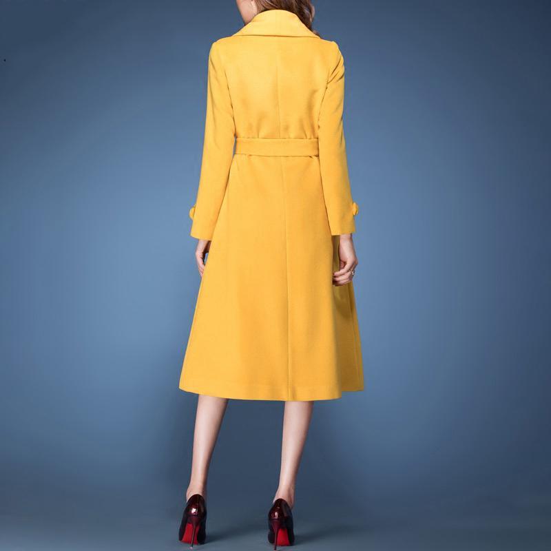 autumn winter new yellow tie waist corduroy blended coats slim fit fashion a line trench coat - Omychic