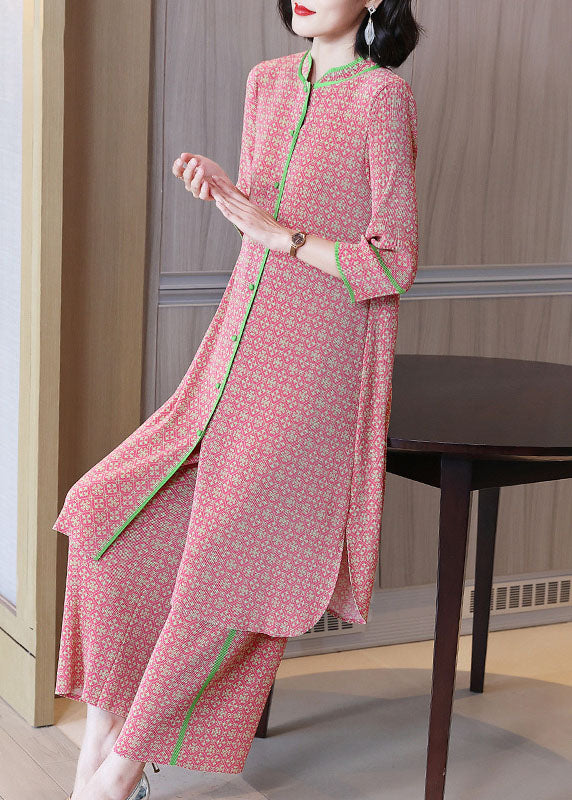 Plus Size Pink Stand Collar Print Silk Long Shirts And Wide Leg Pants Two-Piece Set
