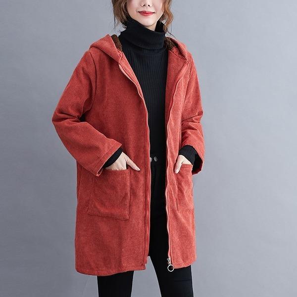 plus size hooded corduroy vintage casual loose autumn winter jacket clothes women Coat - Omychic