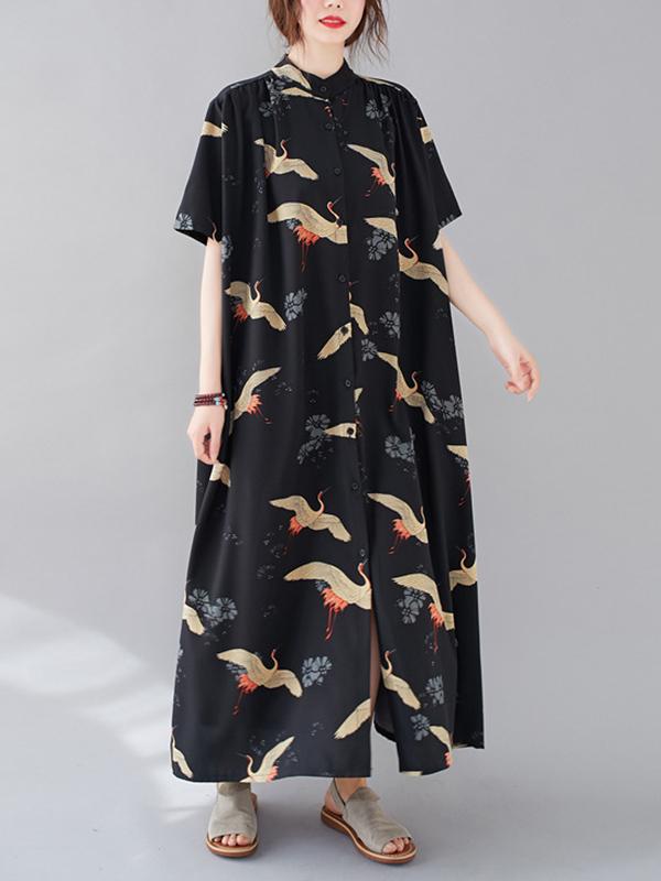 Women Summer Printed Stand Collar Shirt Dress