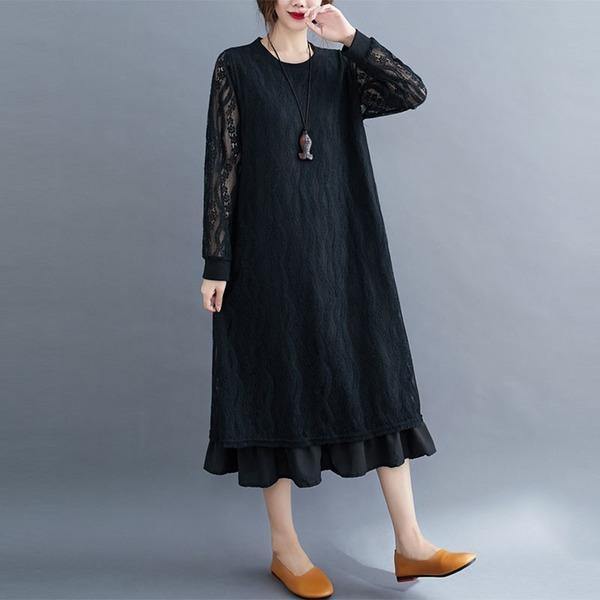 Plus Size Women Lace Long Dress New 2020 Autumn Vintage Solid Color Loose  Dresses - Omychic