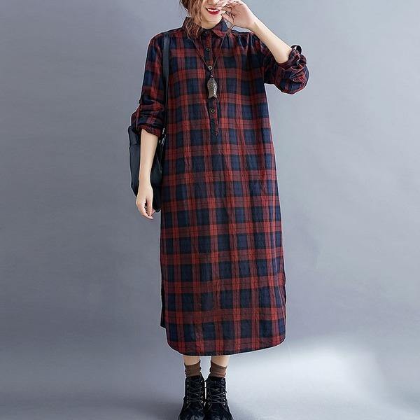 Vintage Plaid Turn-down Collar Loose Female Cotton Linen Long Dresses - Omychic