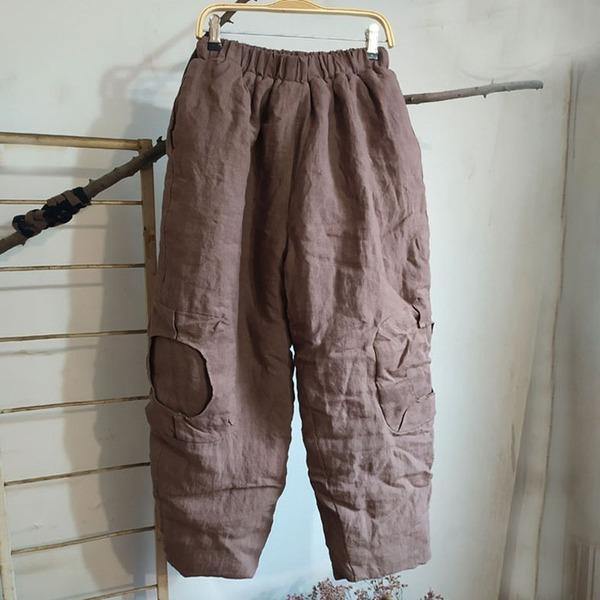 Women Vintage Wide Leg Pants Elastic Waist Cotton Linen Trouser - Omychic