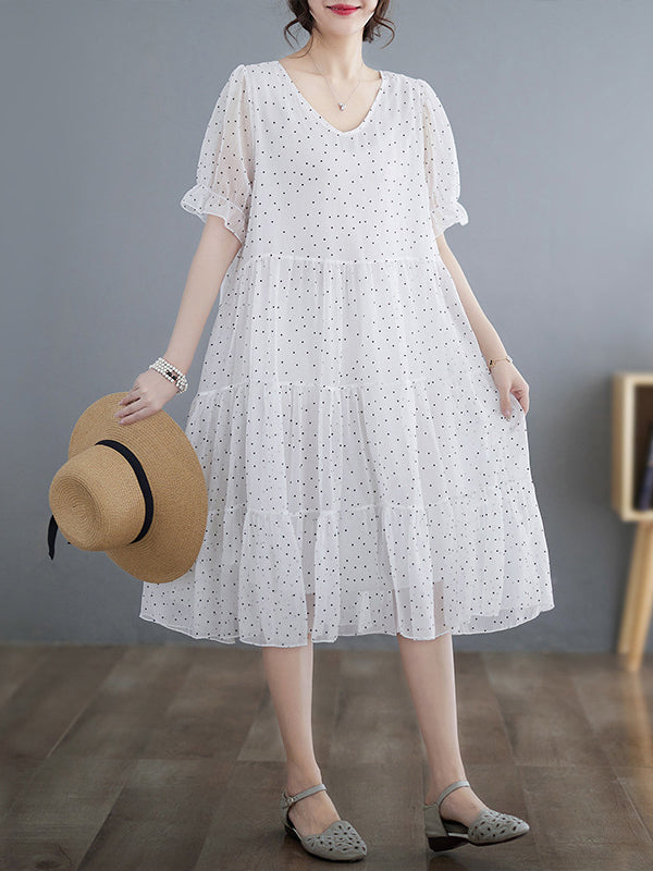 Polka Dot Split-Joint Loose V-Neck Midi Dress