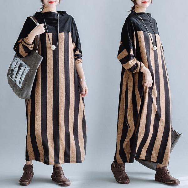 long sleeve plus size cotton wool vintage stripe for women casual loose autumn winter dress - Omychic