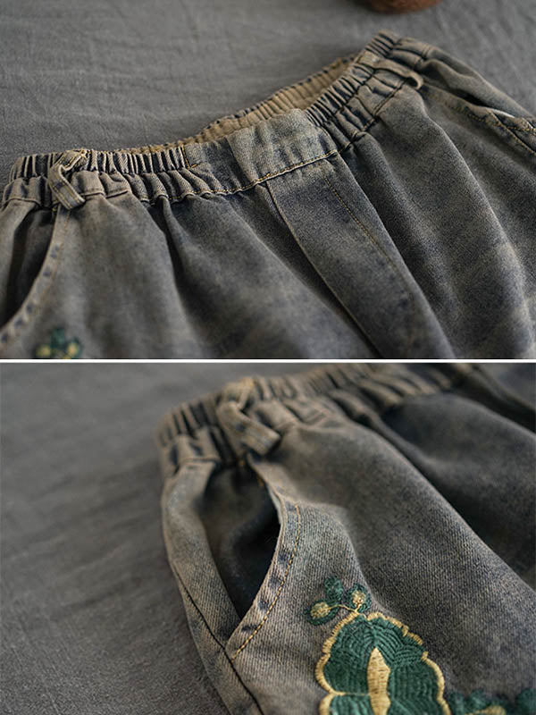 Original Embroidered Wide-Leg Column Denim Pants
