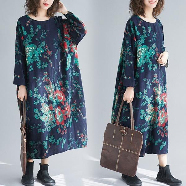 long sleeve cotton linen plus size Oversized vintage floral women casual loose autumn elegant dress clothes - Omychic