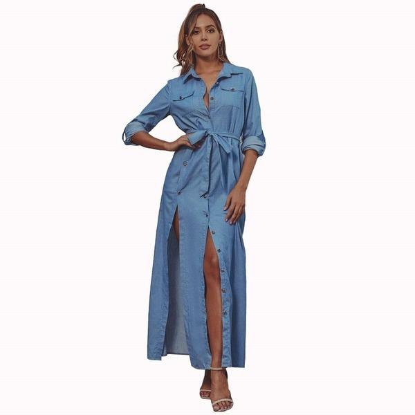 omychic plus size sexy Split for women casual loose maxi long autumn denim shirt dress - Omychic