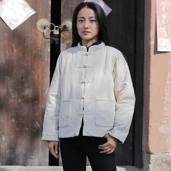 Women Chinese Style Parkas Cotton Linen Vintage Stand Coat - Omychic