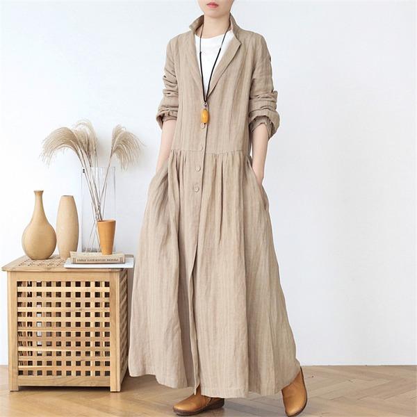 Button 2020 Spring Vintage Stand Long Sleeve Solid Color Robes Loose Coat - Omychic