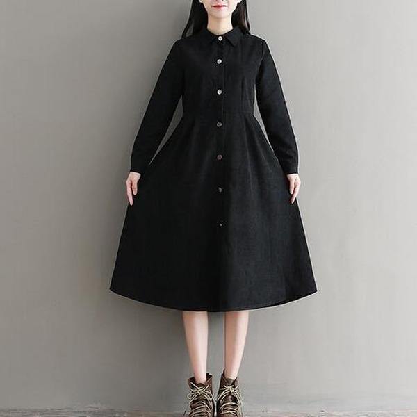 Mori Girl Autumn Winter Women Black Dress  Full Sleeve Elegant A-Line Dress - Omychic