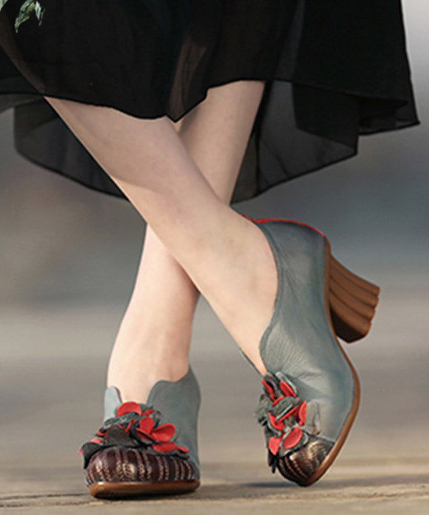 Unique Blue Cowhide Leather Shoes Flower Splicing Chunky High Heels - Omychic