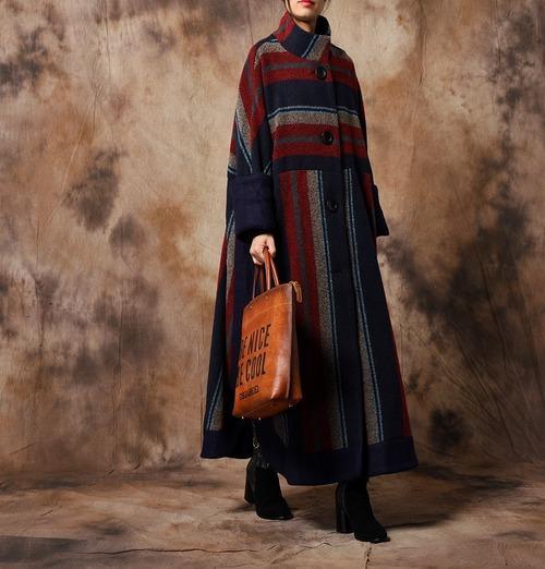 Women Winter Woollen Coat Long Outwear Ladies Retro Striped Patchwork Wool&Blends Overcoat Female Stripes Spliced Coat 2020 - Omychic