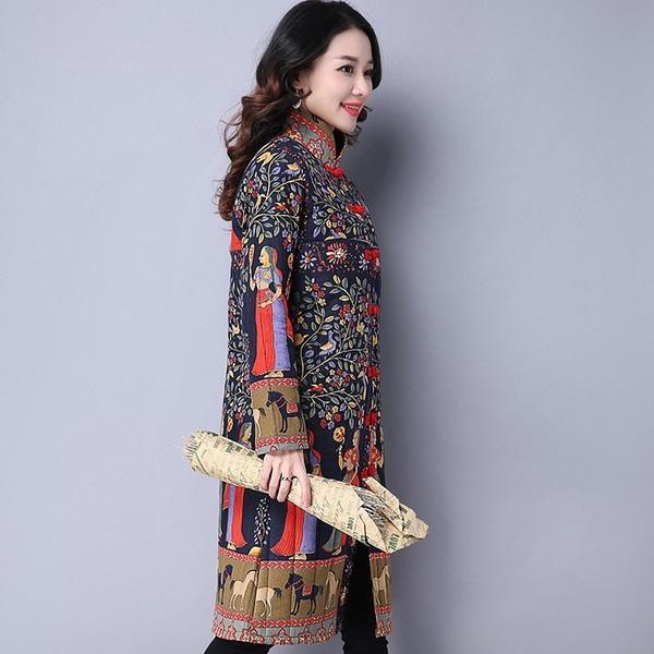 anteef plus size Cotton linen vintage floral clothes casual long loose autumn winter jacket - Omychic