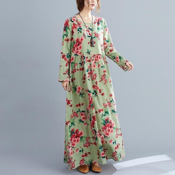 long sleeve plus size cotton linen vintage floral for women casual loose autumn dress - Omychic