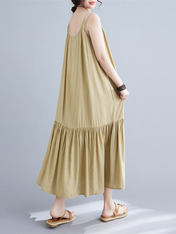 Pleated Solid Color Spaghetti-Neck Midi Dress