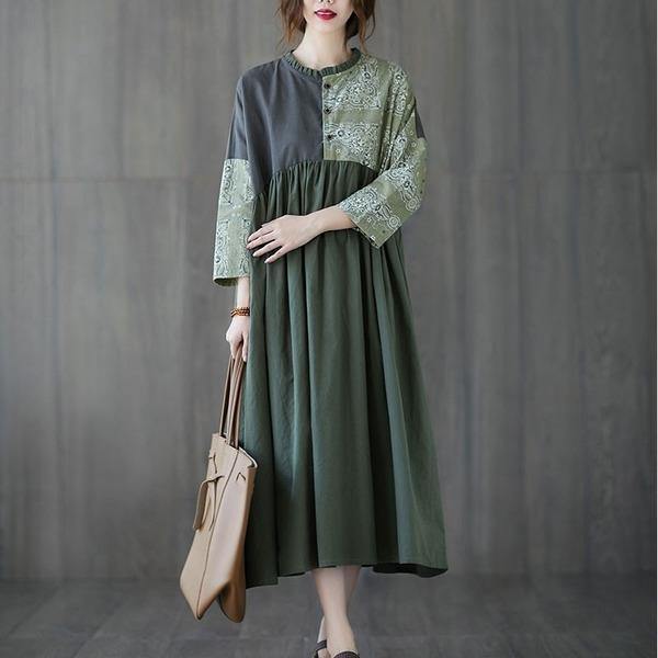 Oversized Women Cotton Linen Casual Dress Vintage Style Patchwork Color Loose Female Long Dresses - Omychic
