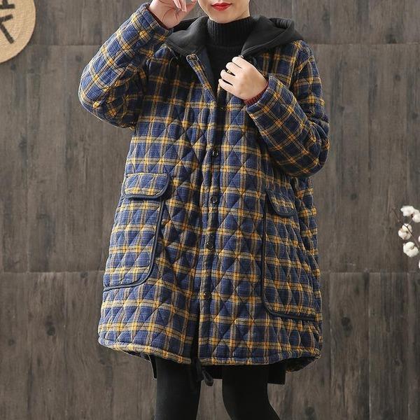 Hooded Plaid Parkas Vintage Button Coats Loose 2020 Pockets Female Casual Warm Parkas Coats - Omychic