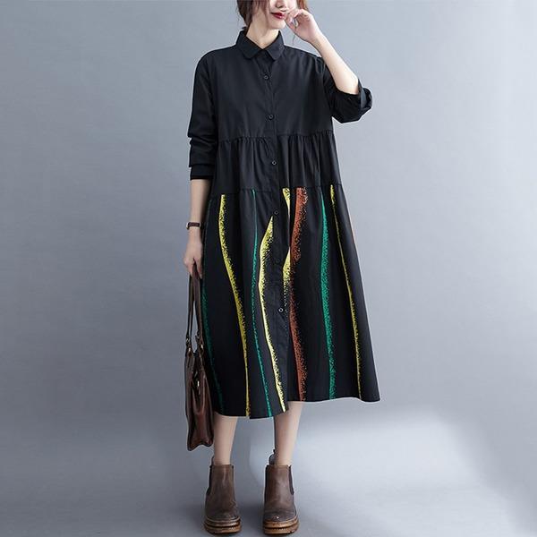 long sleeve plus size black cotton stripe for women casual loose spring autumn shirt dress - Omychic