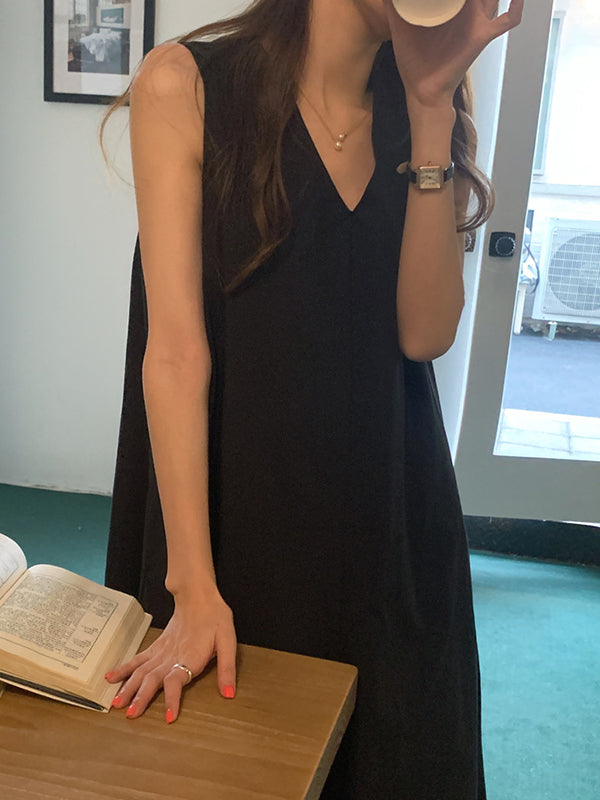 Loose Casual Solid Color Midi Dress Sleeveless