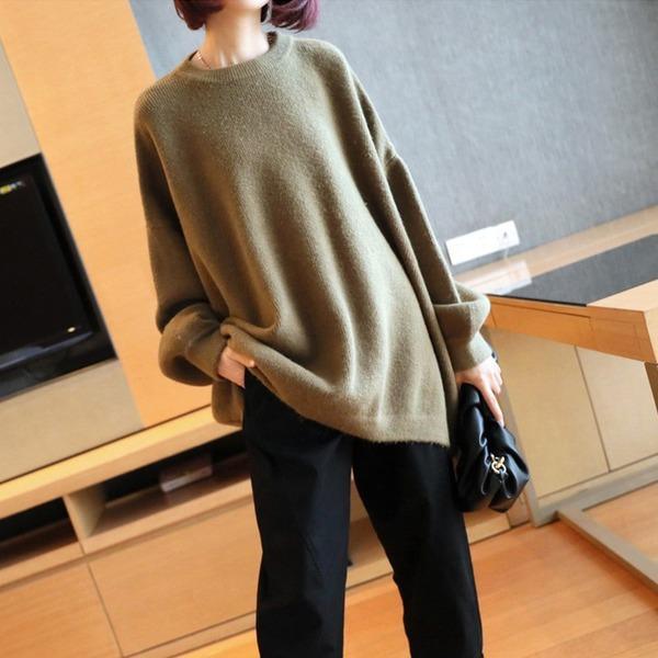 Casual Pullover Sweater  O Neck Collar Long Batwing Sleeve Loose Solid Color - Omychic