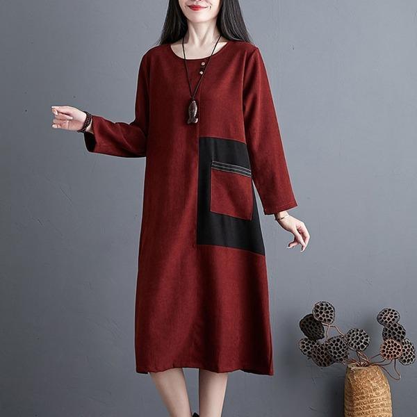 Women Autumn Casual Dresses  Patchwork Pocket Loose Comfortable Female Cotton Linen Long Dress - Omychic