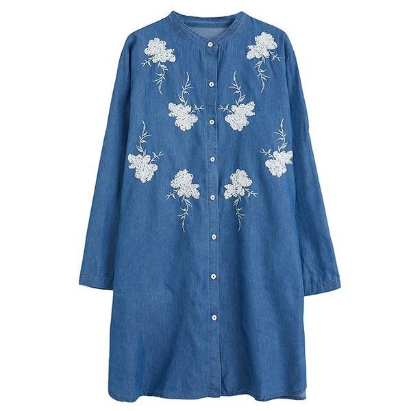 long sleeve plus size denim vintage floral women casual loose mini short autumn shirt dress - Omychic