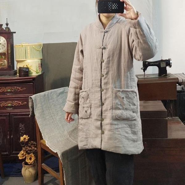 Women Vintage Linen Parkas Stand Long Sleeve Winter Coats - Omychic