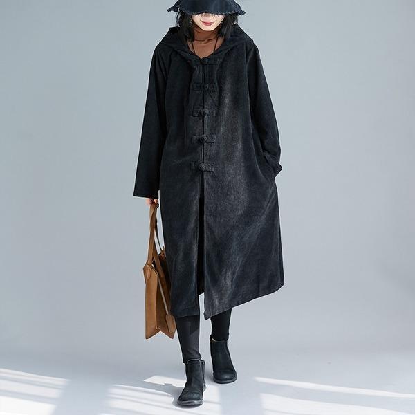 corduroy plus size solid vintage hooded casual loose long autumn winter trench coat - Omychic