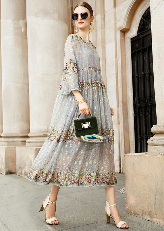 Boutique Grey V Neck Embroidered Tulle Dresses Two Pieces Set - Omychic