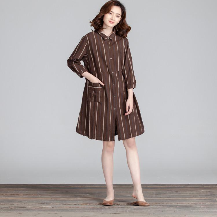 Cotton Women Splicing Casual Linen Loose Stripe Pocket Dress - Omychic