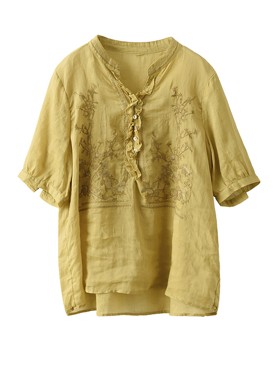 Embroidered Vintage Ramie Women Loose Shirt