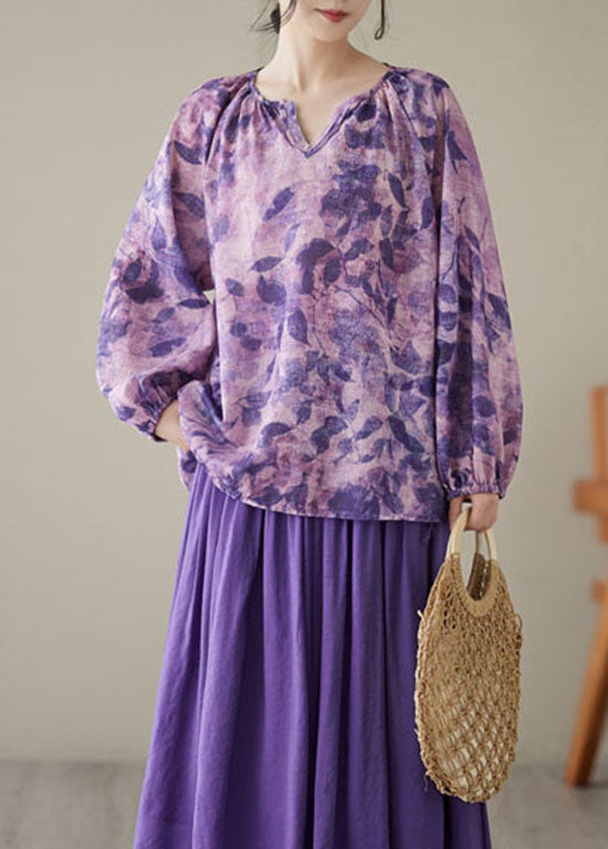 Beautiful Purple Print Wrinkled Patchwork Linen Tops Long sleeve