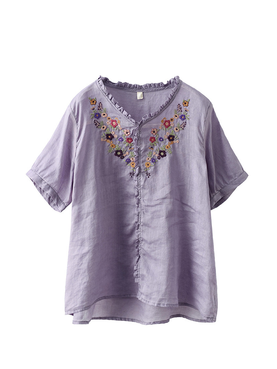 Summer Ramie Embroidered Casual Women Loose T Shirt