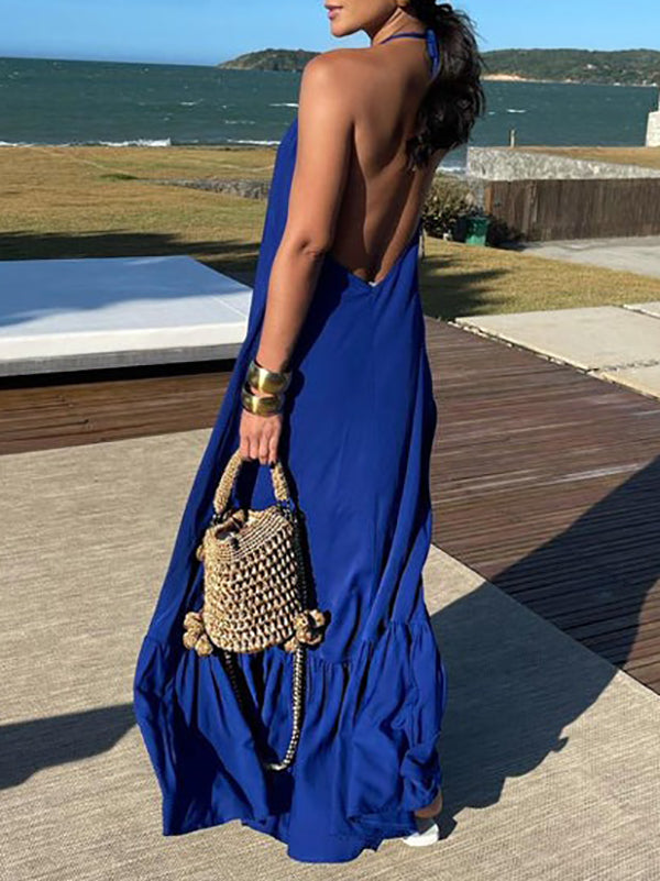 Backless Pleated Loose Halter-Neck Maxi Dress