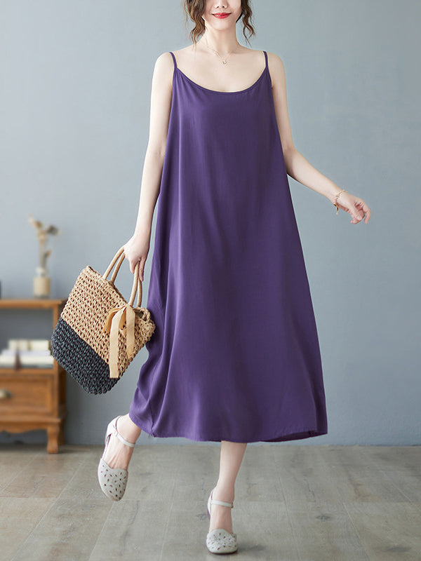 Casual Solid Color Spaghetti-Neck Midi Dress