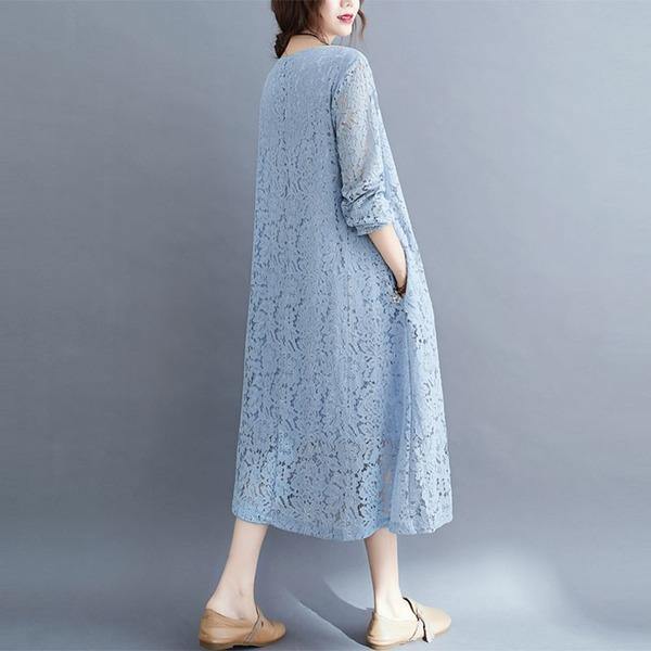 Plus Size Women Casual Lace Dress New 2020 Autumn Simple Style O-neck Solid Color Dresses - Omychic