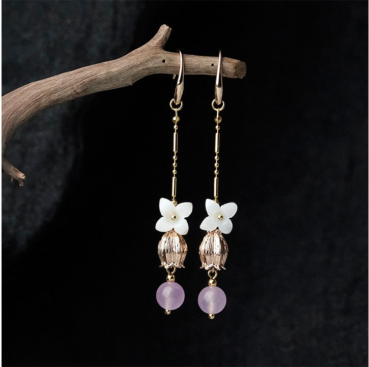 Long Fringed Shell Flower Earrings