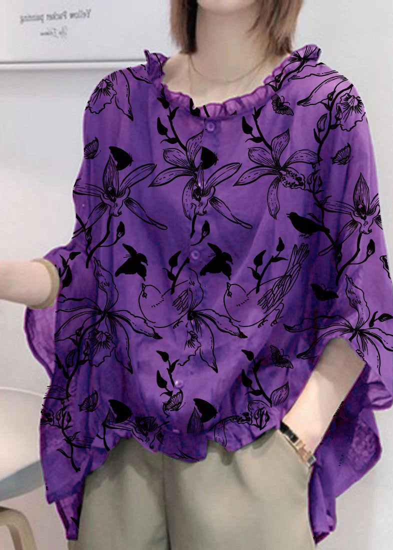 Art Navy-flower Tops Ruffles Trim Half Sleeve Shirts Blouse