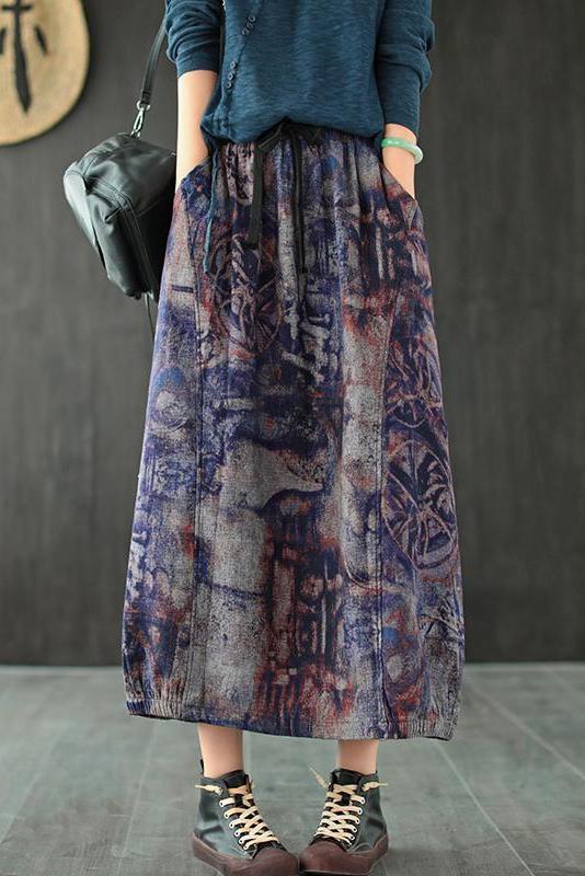 Casual Retro Print Elastic Waist Wild Skirt