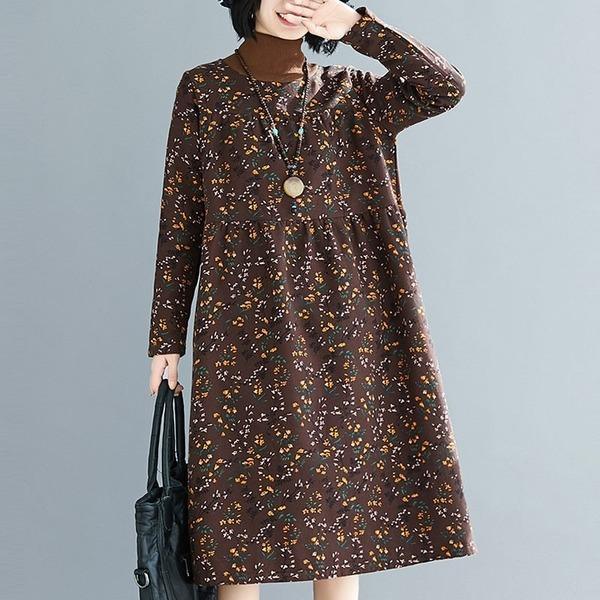 New Arrival 2020 Autumn Winter Turtleneck Vintage Floral Print Loose Female Long Dresses - Omychic