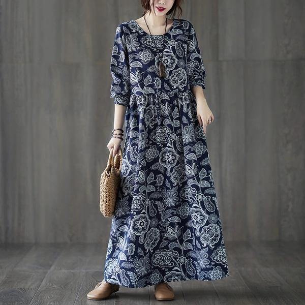 long sleeve cotton linen plus size vintage floral for women casual loose autumn dress - Omychic