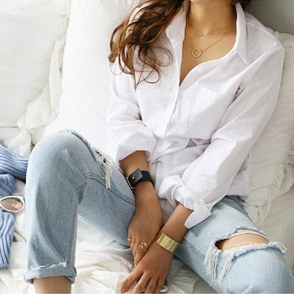 Long Sleeve Casual Turn-down Collar OL Style Women Loose Blouses - Omychic