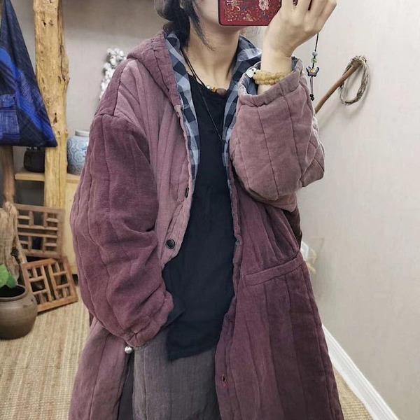 Retro Patchwork Hooded Warm Thick Cotton Parkas Plus Size All-match Women Long Coat - Omychic