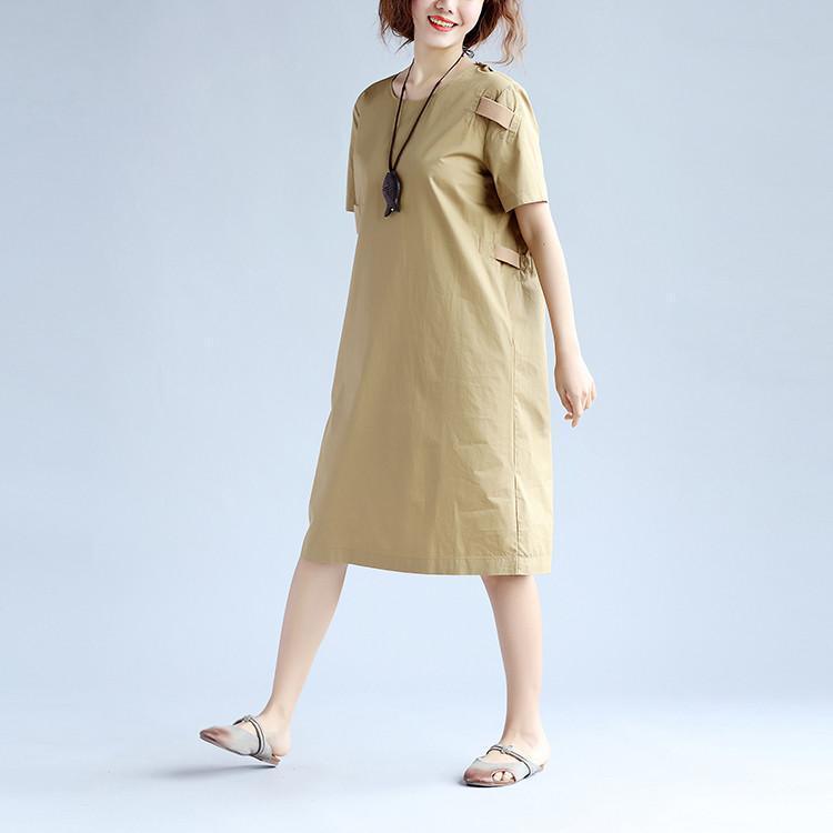 Cotton Women Splicing Short Sleeves Khaki Dress - Omychic