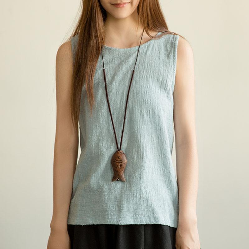 baby blue women linen tank top breathy summer blouse t shirt sleeveless - Omychic